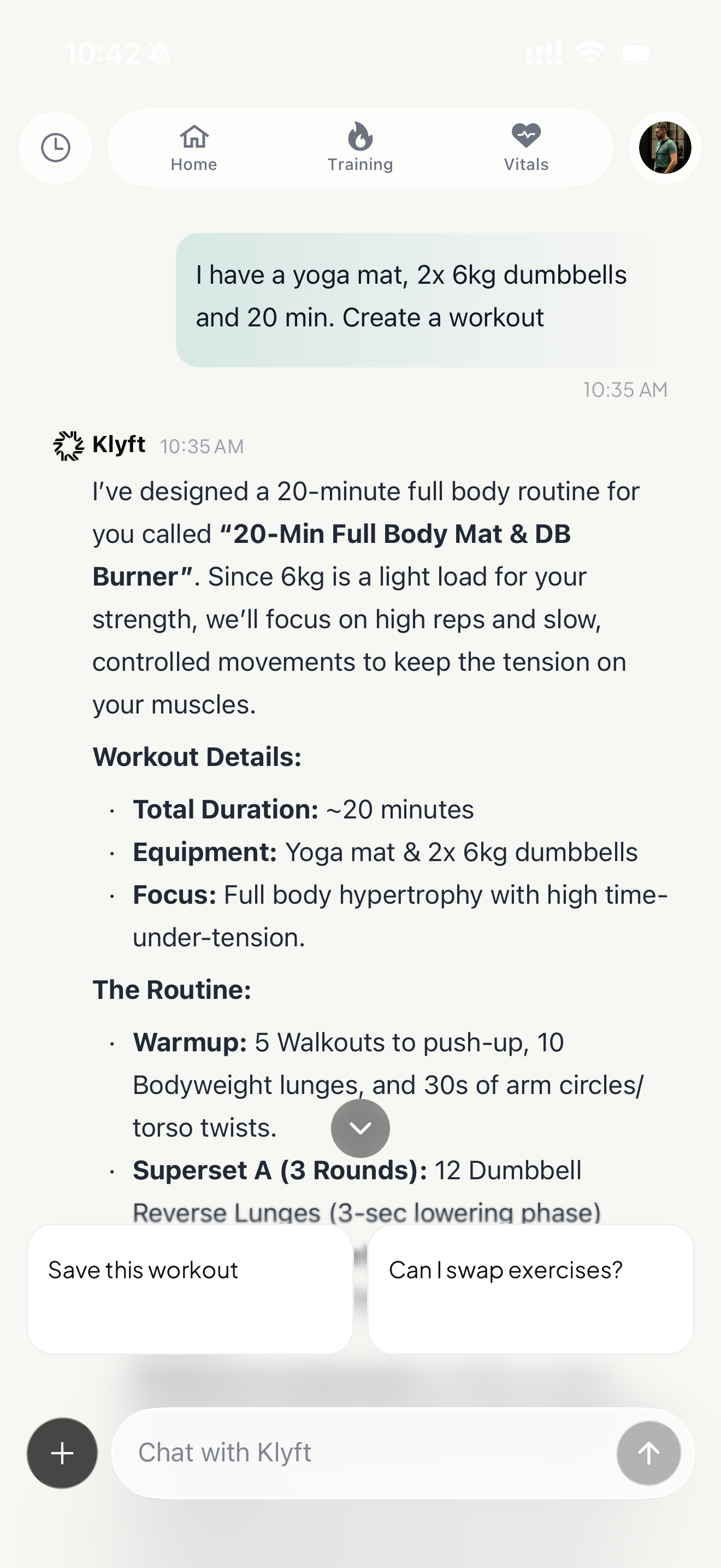 Klyft AI workout generation — describe your equipment and get a custom routine